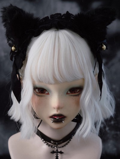 Black Dark Goth Bell Bow Plush Fox Ears Headband