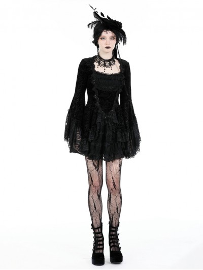Dark in love Black Vintage Gothic Lace-Trim Pattern Velvet Short Dress