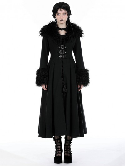 Dark in love Black Gothic Faux Fur Trim Woolen Long Coat for Women