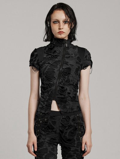 Punk Rave Black Gothic Punk Diagonal Zipper Short Sleeve T-Shirt for Women