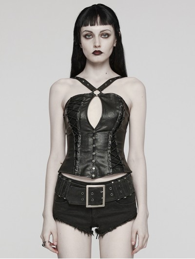 Punk Rave Black Gothic Sexy PU Leather Hollow Out Metal Hoop Top for Women