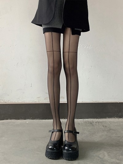 Black Sexy Gothic Sheer Cross Line Back Seam Tights