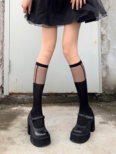 Black Gothic Faux Suspender Print Patchwork Knee Socks