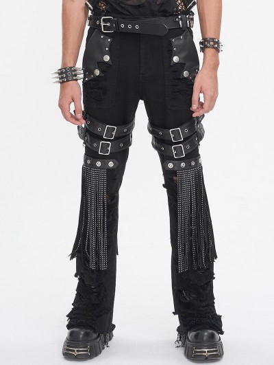 Devil Fashion Black Gothic Punk Decadent Studded Chain Tassel Flared Pants for Men