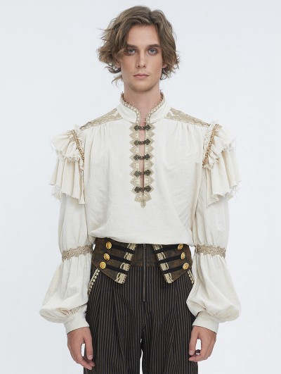 Devil Fashion Ivory Steampunk Retro Lace Embroidery Lantern Sleeves Shirt for Men