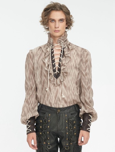 Devil Fashion Coffee Retro Steampunk Ruffled Lace-Up Long Sleeve Shirt for Men
