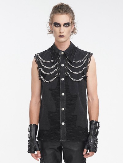 Devil Fashion Black Gothic Punk Distressed Net Splicing Sleeveless Shirt for Men