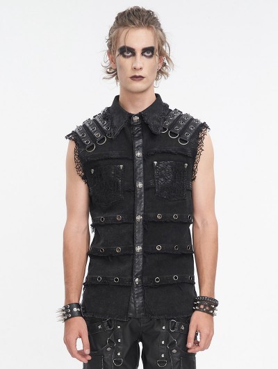 Devil Fashion Black Gothic Punk Net Eyelet Sleeveless Shirt for Men