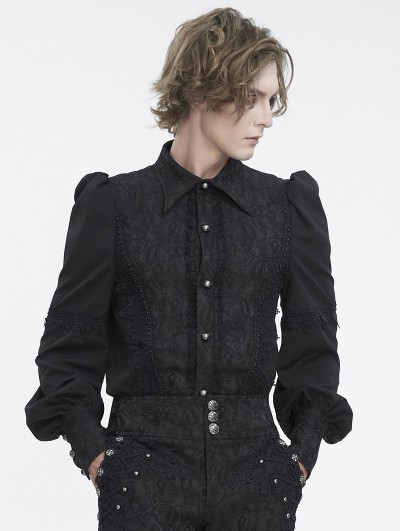 Devil Fashion Black Retro Gothic Lace Applique Long Puff Sleeve Shirt for Men