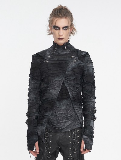 Devil Fashion Gothic Distressed Asymmetric Zip Off Hooded Long Sleeve T-Shirt for Men