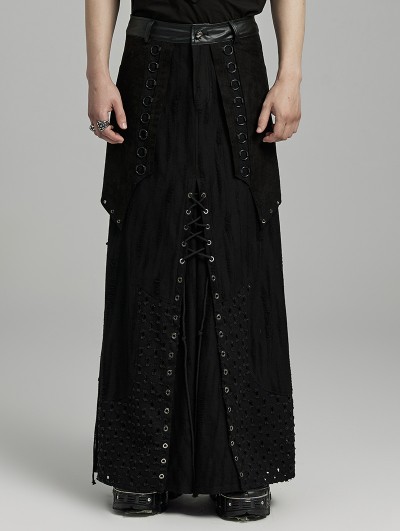 Punk Rave Black Gothic Punk Layered Eyelet Drawstring Long Skirt for Men
