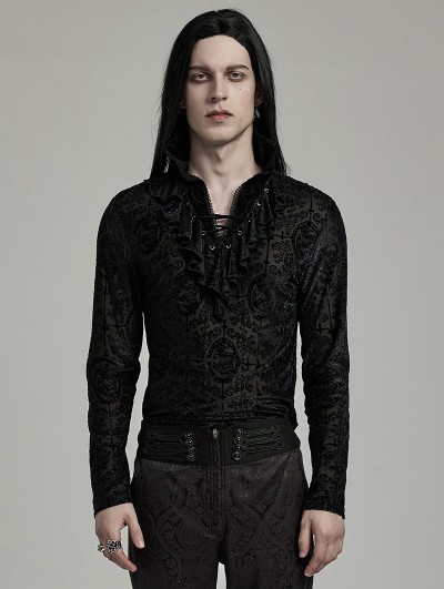 Punk Rave Black Gothic Retro Ruffled High Collar Pattern Velvet Shirt for Men