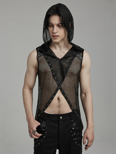 Punk Rave Black Gothic Punk Hooded Mesh Vest Top for Men