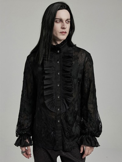 Punk Rave Black Gothic Retro Men's Floral Embroidered Lace Ruffle Shirt