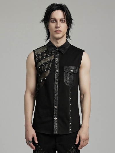 Punk Rave Black Gothic Punk Asymmetric Mesh Splicing Sleeveless Shirt for Men