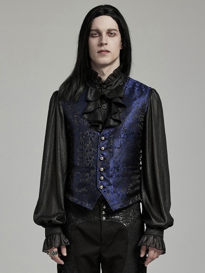 Punk Rave Black and Blue Gothic Retro Jacquard Flower Pattern Waistcoat for Men