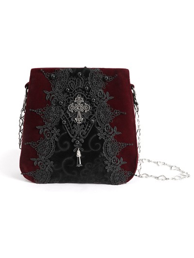 Devil Fashion Wine Red Gothic Retro Velvet Lace Applique Chain Strap Shoulder Bag