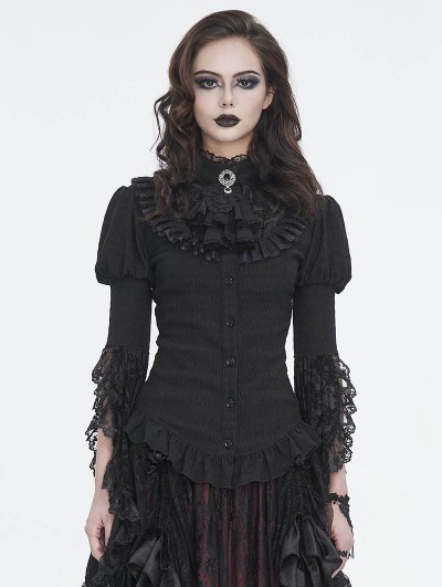 Devil Fashion Black Gothic Vintage Trumpet Lace Sleeve Jabot Ruffle Blouse for Women