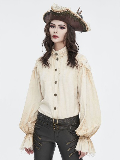 Devil Fashion Ivory Vintage Gothic Lantern Sleeve Button Front Shirt for Women
