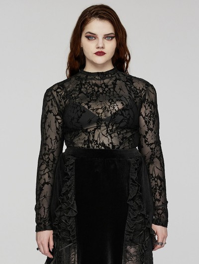 Punk Rave Black Gothic Perspective Printed Mesh Plus Size T-Shirt for Women