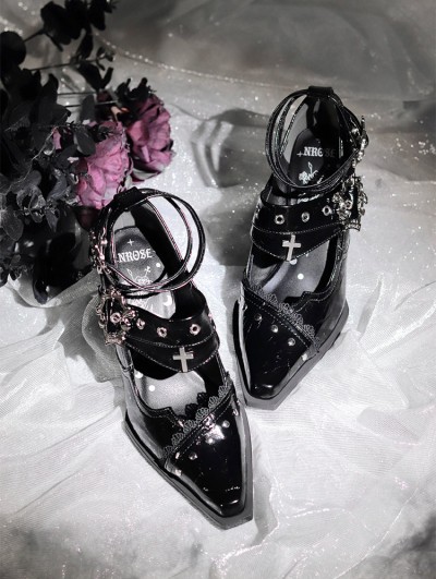 Black Gothic Punk Pointed Toe Flared High Heel Shoes