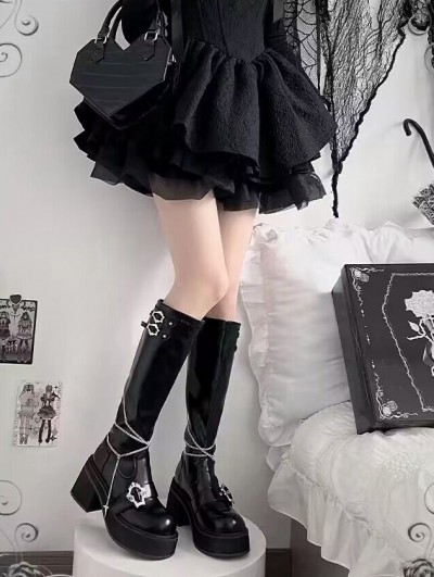 Black Gothic Punk Cross Chain Platform Knee High Boots