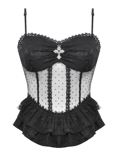 Dark in love Black Gothic Lace See-Through Sexy Spaghetti Strap Corset Top for Women