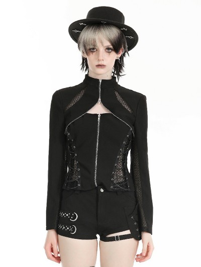 Dark in love Black Gothic Punk Metallic Hollow Out Zipper Top for Women