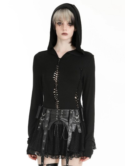 Dark in love Black Gothic Sexy Fitted Hooded Hollow-Out T-Shirt for Women
