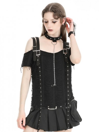 Dark in love Black Gothic Punk Metal Distressed Off-the-Shoulder T-Shirt for Women