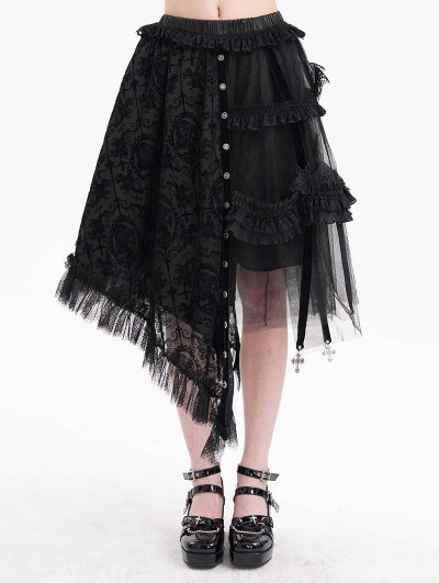 Devil Fashion Black Gothic Mesh Cross Pendant Side Split Asymmetrical Skirt