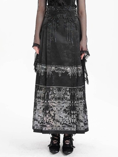 Devil Fashion Black Gothic Gorgeous Floral Print Beaded Applique Pleated Maxi Skirt