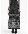 Devil Fashion Black Gothic Gorgeous Floral Print Beaded Applique Pleated Maxi Skirt