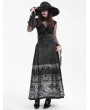 Devil Fashion Black Gothic Gorgeous Floral Print Beaded Applique Pleated Maxi Skirt
