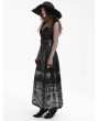 Devil Fashion Black Gothic Gorgeous Floral Print Beaded Applique Pleated Maxi Skirt