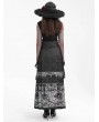 Devil Fashion Black Gothic Gorgeous Floral Print Beaded Applique Pleated Maxi Skirt
