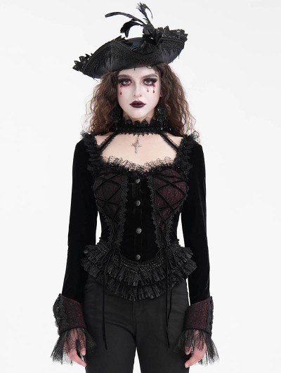 Devil Fashion Black and Red Romantic Gothic Velvet Lace Short Jacket for Women