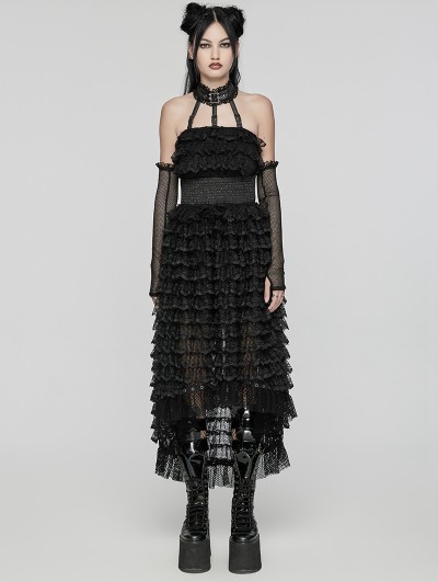 Punk Rave Black Gothic Sweet Punk Tiered High-Low Lace Dress with Detachable Collar