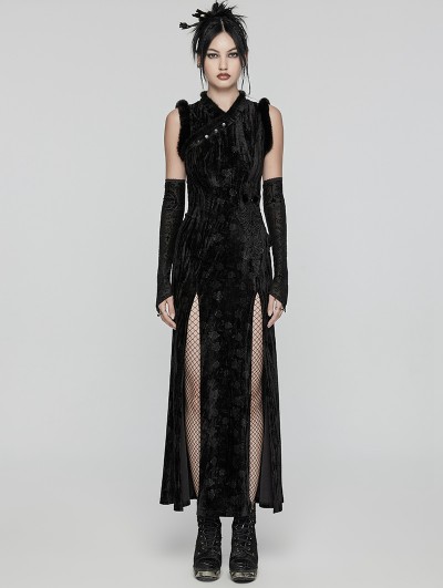Punk Rave Black Gothic Chinese Style Embossed Velvet Slit Dress with Detachable Sleeves