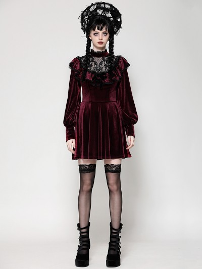 Dark in love Dark Red Velvet Gothic High Neck Long Sleeve Short Doll Dress