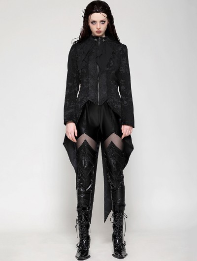 Dark in love Black Vintage Gothic Jacquard Zipper Slit Tailcoat for Women