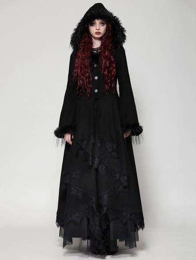Dark in love Black Romantic Gothic Plush Trim Hooded Dress Coat for Women