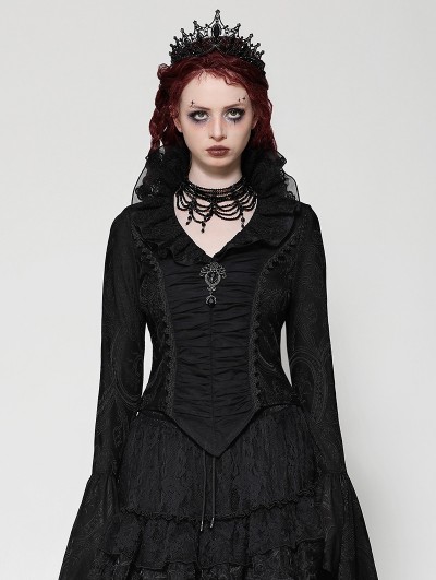 Dark in love Black Gothic Queen Jacquard Ruffle V-Neck Shirt for Women