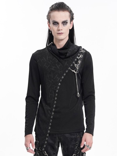Devil Fashion Black Gothic Punk Chain Asymmetric Fitted Long Sleeve T-Shirt for Men