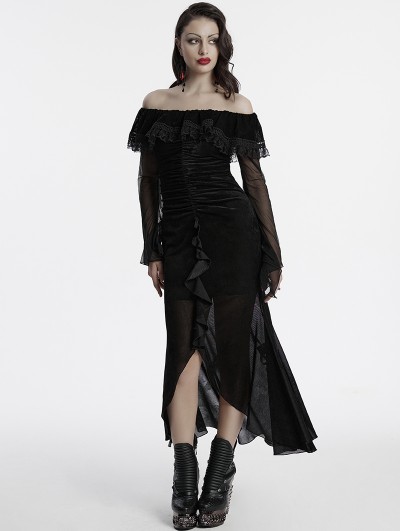 Punk Rave Black Sexy Gothic Off-the-Shoulder Velvet Mesh Long Fishtail Dress