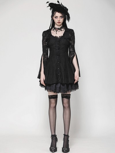 Dark in love Black Gothic Long Sleeve Button Fron Short Lace Dress