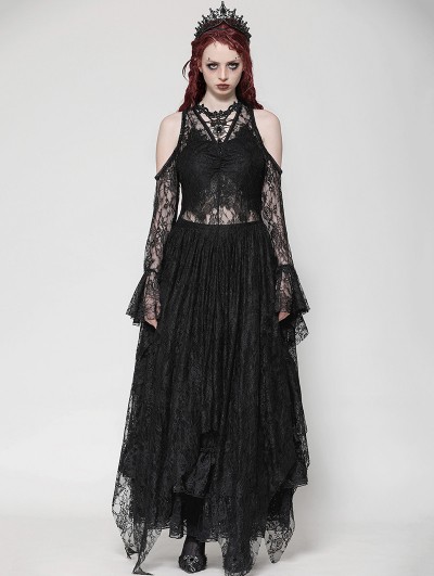 Dark in love Black Sexy Gothic Lace Cold Shoulder Asymmetrical Dress