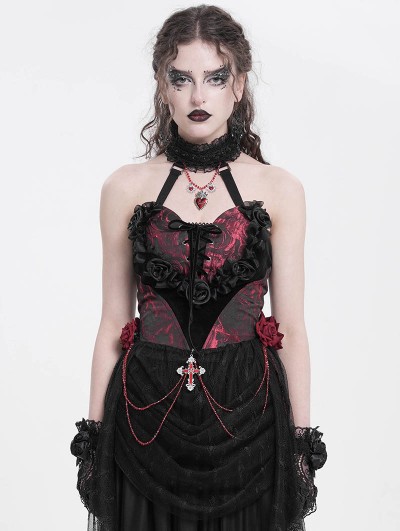 Eva Lady Red Women's Gothic Flower Decor Halter Sweetheart Top with Tulle Skirt