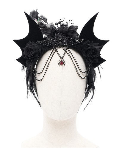 Devil Fashion Black Gothic Bat Wing Rose Feather Beaded Headdress