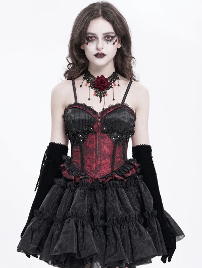 Devil Fashion Red Gothic Lace Applique Ruffle Overbust Corset Top for Women